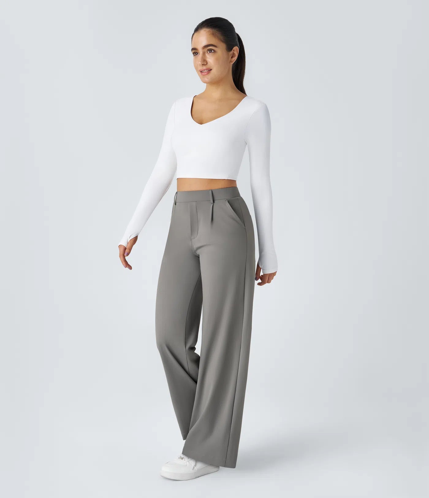 Pantalones de trabajo de pierna recta con bolsillo lateral de cintura alta